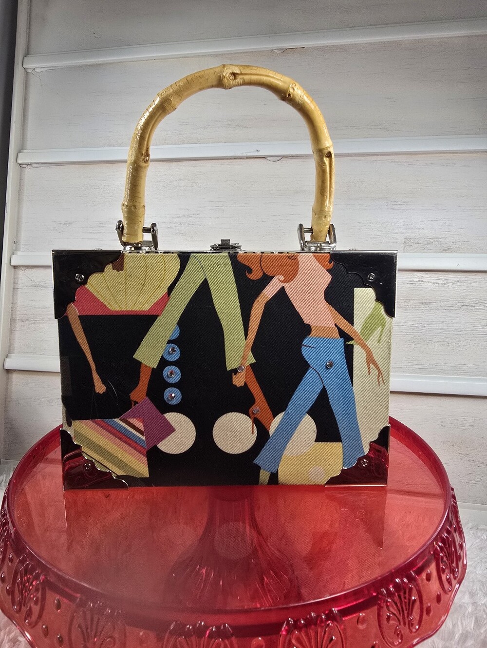 Retro Graphic Canvas Box Bag with Bamboo Handle - Black Multi